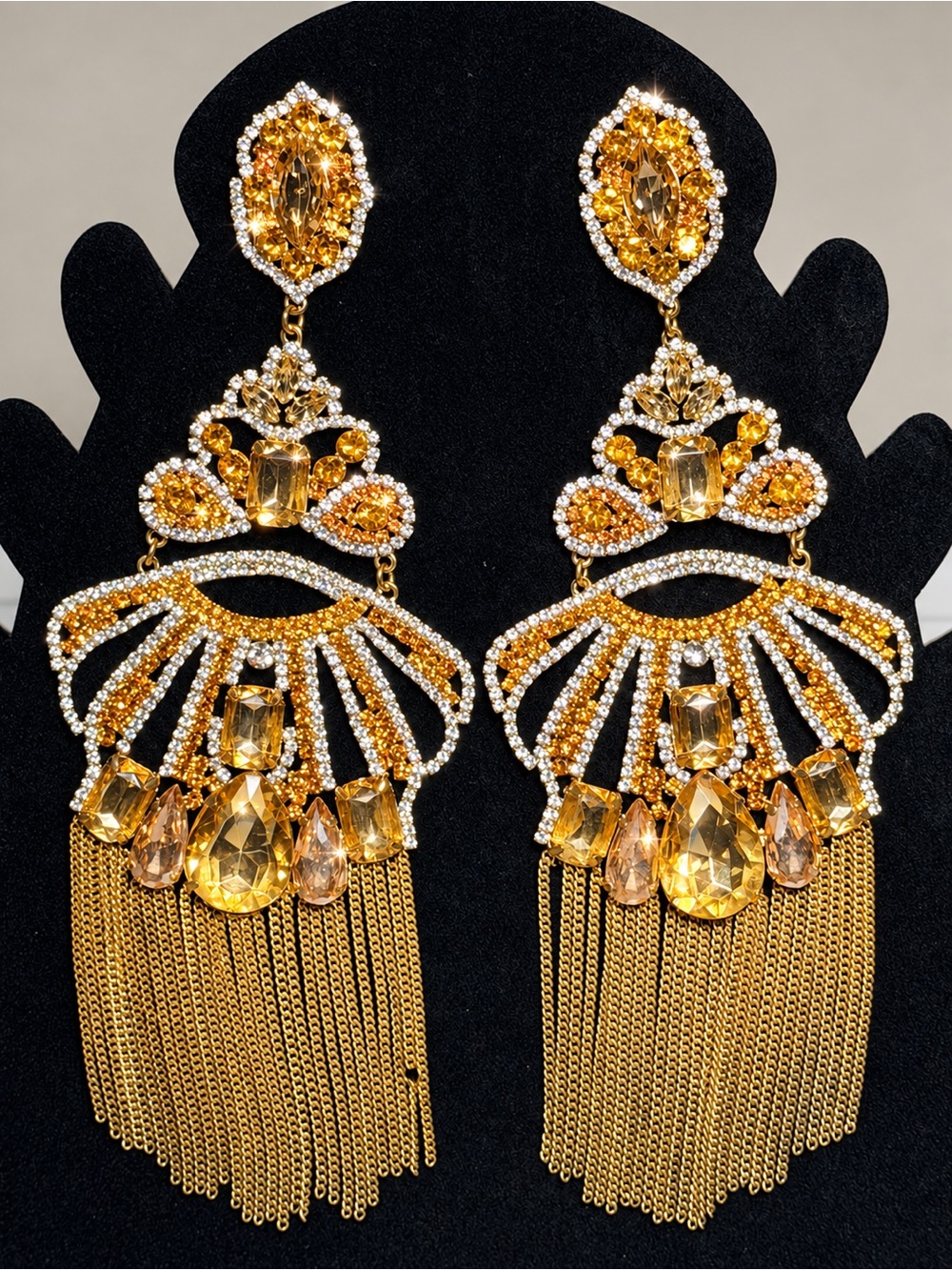 Oversized Gold Rhinestone Chandelier Tassel Earrings